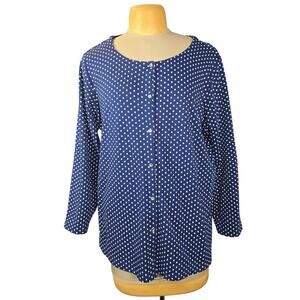 Quacker Factory Jeanne Bice Women 2X Snap Front Top Blue White Polka Dot Stretch